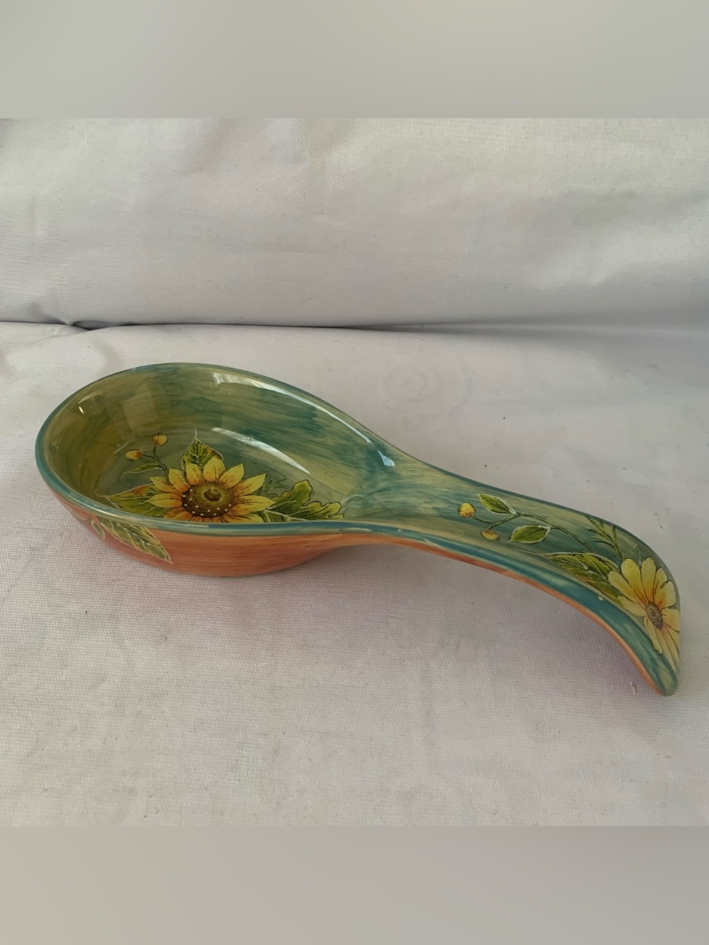Terra Sunflower Hand Painted Ceramic Spoon Rest 10” long Kitchen Boho Colorful